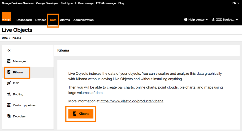 Link to Kibana on the Live Objects portal